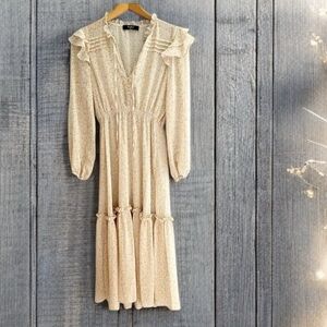 O.P.T. Beige Gold Chiffon Ditsy Floral Prarie Dress Size Medium